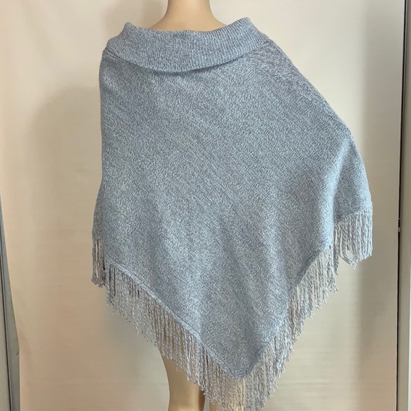 Poncho Shawl Collar Fringe Button Neck - Picture 2 of 5